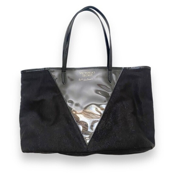 Victoria's Secret BLK Shimmer Canvas Tote Clear Plastic Front V Panel Tiger Bag - Picture 6 of 13